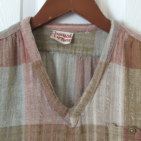 Casual Corner 70's Vintage Plaid Woven Gauze Short Dolman Sleeve V-neck Top S - Picture 2 of 10